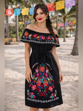 Mexican Embroidered Off Shoulder Dress Floral Boho Midi Fiesta